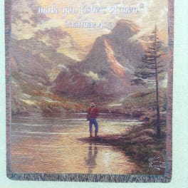 Framed landscape print with a Bible verse and a fisherman by a lake