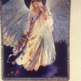 Angel in a flowing gown holding a bouquet of roses