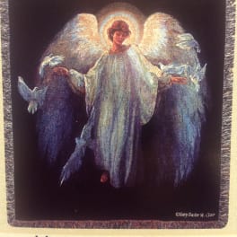 Painting of an angel with white wings and doves on a dark background