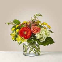 Mixed bouquet with a red gerbera daisy, pink rose, and yellow flowers in a glass vase