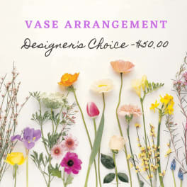 Assorted colorful flowers arranged around text reading "Vase Arrangement"