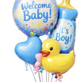 Baby shower balloon bouquet with "Welcome Baby!" and a duck balloon