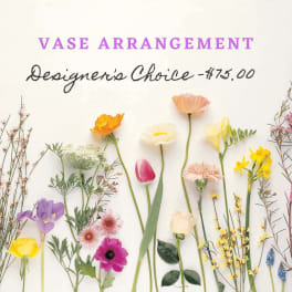 Assorted flowers arranged around text reading "Vase Arrangement".
