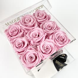 Box of pink roses in a clear gift box with a ribbon