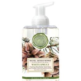 Bottle of foaming hand soap with white spruce label
