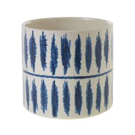 White ceramic planter with blue brushstroke pattern