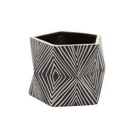 Black geometric ceramic planter with white line pattern