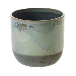 Ceramic planter with a mottled blue-green glaze