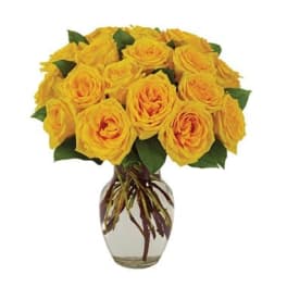 Yellow roses arranged in a clear glass vase