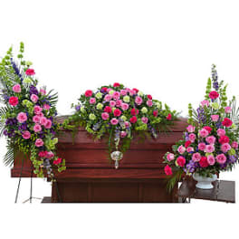 Forever Cherished Trio - Standing easel Spray, and Crescent urn Arrangement.