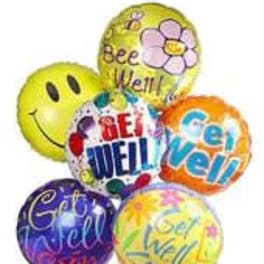 Cluster of colorful get-well balloons with cheerful messages