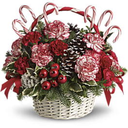 Basket of red and white carnations with candy canes and pinecones