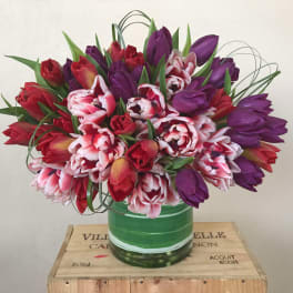 Bouquet of red, pink, and purple tulips in a green glass vase