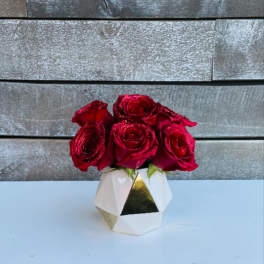 Red roses in a geometric white vase with gold accents
