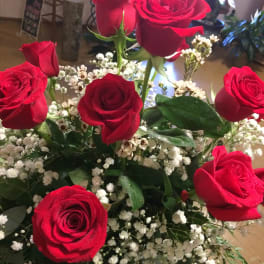 Bouquet of red roses with white baby's breath