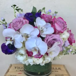 Round arrangement of white orchids, hydrangeas, and pink and purple roses in a glass vase.