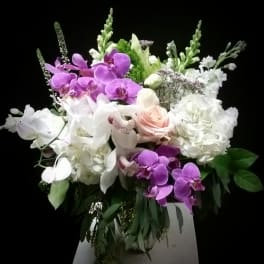Bouquet of purple and white orchids with pale roses and hydrangeas