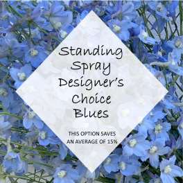 Blue standing spray with a white text overlay