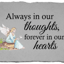 Gray memorial plaque with an angel and the words "Always in our thoughts"
