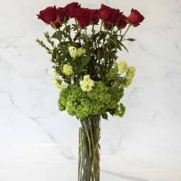 Red roses and green hydrangea in a tall glass vase