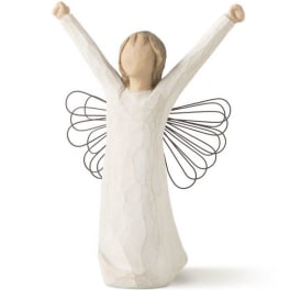 Small angel figurine with raised arms and wire wings