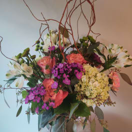 Mixed bouquet with pink roses, white alstroemeria, and purple dianthus