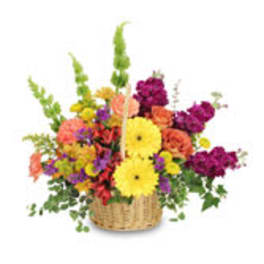 Colorful mixed flower basket with yellow daisies and purple blooms