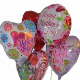 Cluster of heart-shaped Mother's Day balloons with floral prints