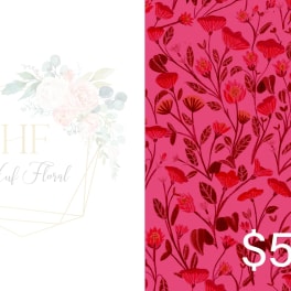 Pink floral gift card with a white logo and $50 amount