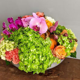 Mixed floral arrangement with orchids, roses, and hydrangeas in a low bowl