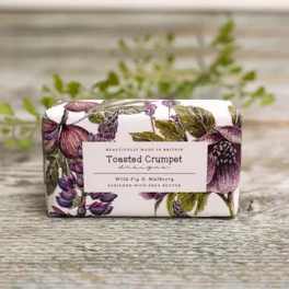 Wrapped soap bar with a floral print label