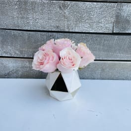 Pink roses in a small geometric white vase