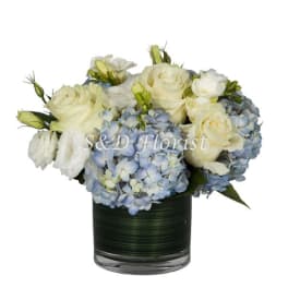 White roses and blue hydrangeas in a dark glass vase