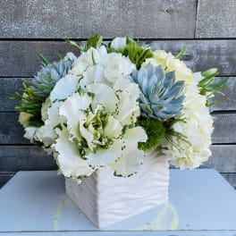 White floral arrangement in a square white vase with blue succulents