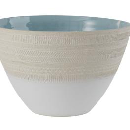 Textured white ceramic planter with a pale blue interior