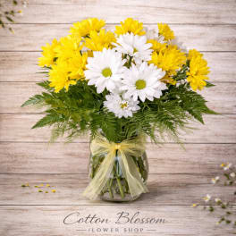 Yellow and white daisy bouquet in a glass vase with a yellow ribbon