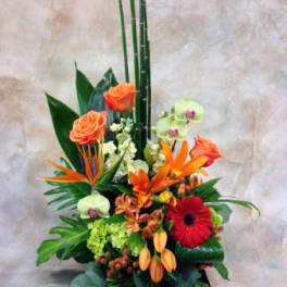 Tropical floral arrangement with orange roses, orchids, and a red gerbera daisy