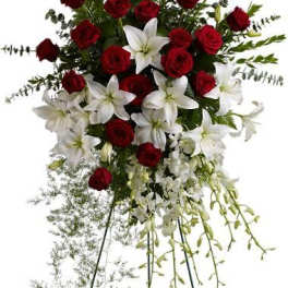 Standing floral spray with red roses and white lilies