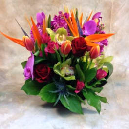Bright tropical bouquet with orange bird of paradise and purple flowers
