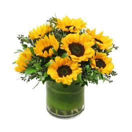 Sunflower bouquet in a green glass vase