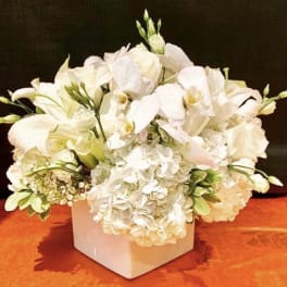 White floral arrangement in a square vase with orchids and hydrangeas