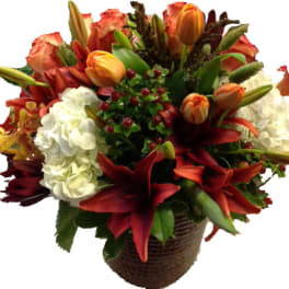 Mixed bouquet of red lilies, orange tulips, and white hydrangeas in a basket