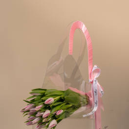 Bundle of pink tulips in a clear gift bag with a pink ribbon handle