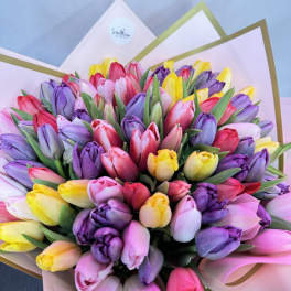 Hand-tied bouquet of multicolor tulips wrapped in pink paper with gold-edged folds