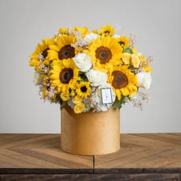 Sunflower and white rose arrangement in a gold cylindrical box