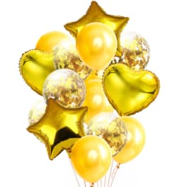 Cluster of gold balloons with star and heart shapes