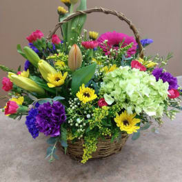 Mixed flower basket with tulips, daisies, hydrangea, and carnations