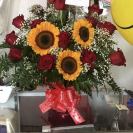 Red Roses & Sunflowers to brighten your day