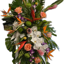 Tall tropical floral spray with orchids, roses, and bird-of-paradise flowers