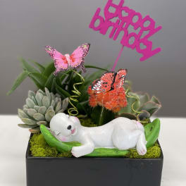 Succulent planter with a sleeping baby figurine and a pink "baby boy" topper